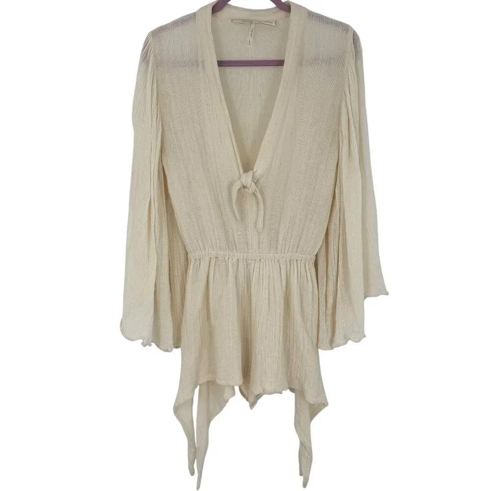 Free People Bell Sleeve Cream Romper Playsuit S| Boho Coastal Cowgirl Whimsigoth - Picture 4 of 16